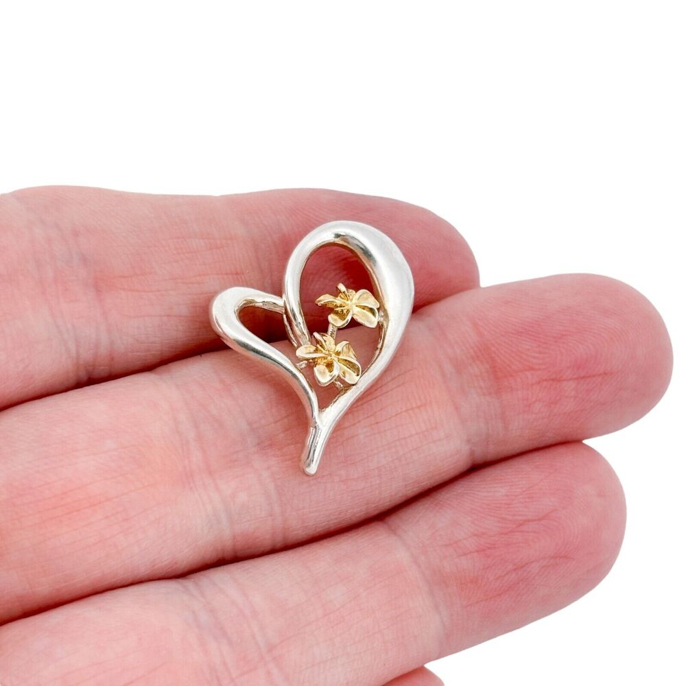 Open Heart Pendant with Gold Tone Flowers | Estate Sterling Silver 925